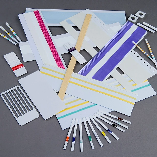 Assorted lateral flow cards strips and die cuts flatlay