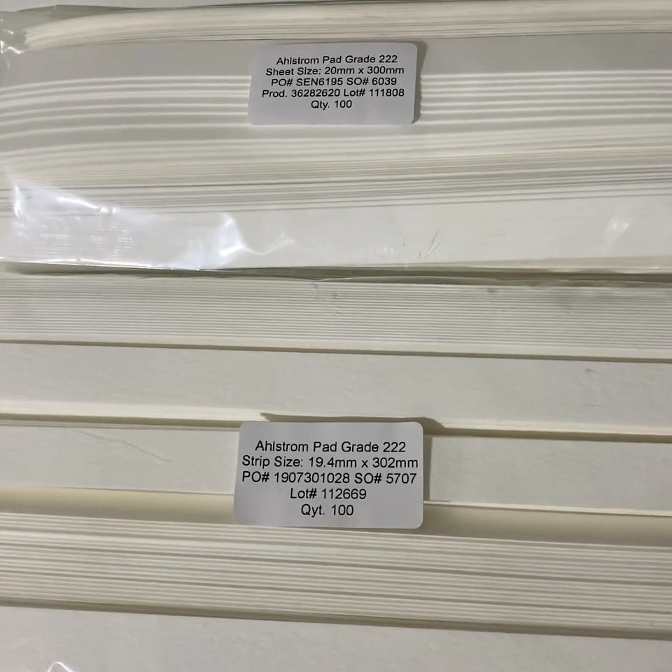 Bagged ahlstrom pad strips stacked