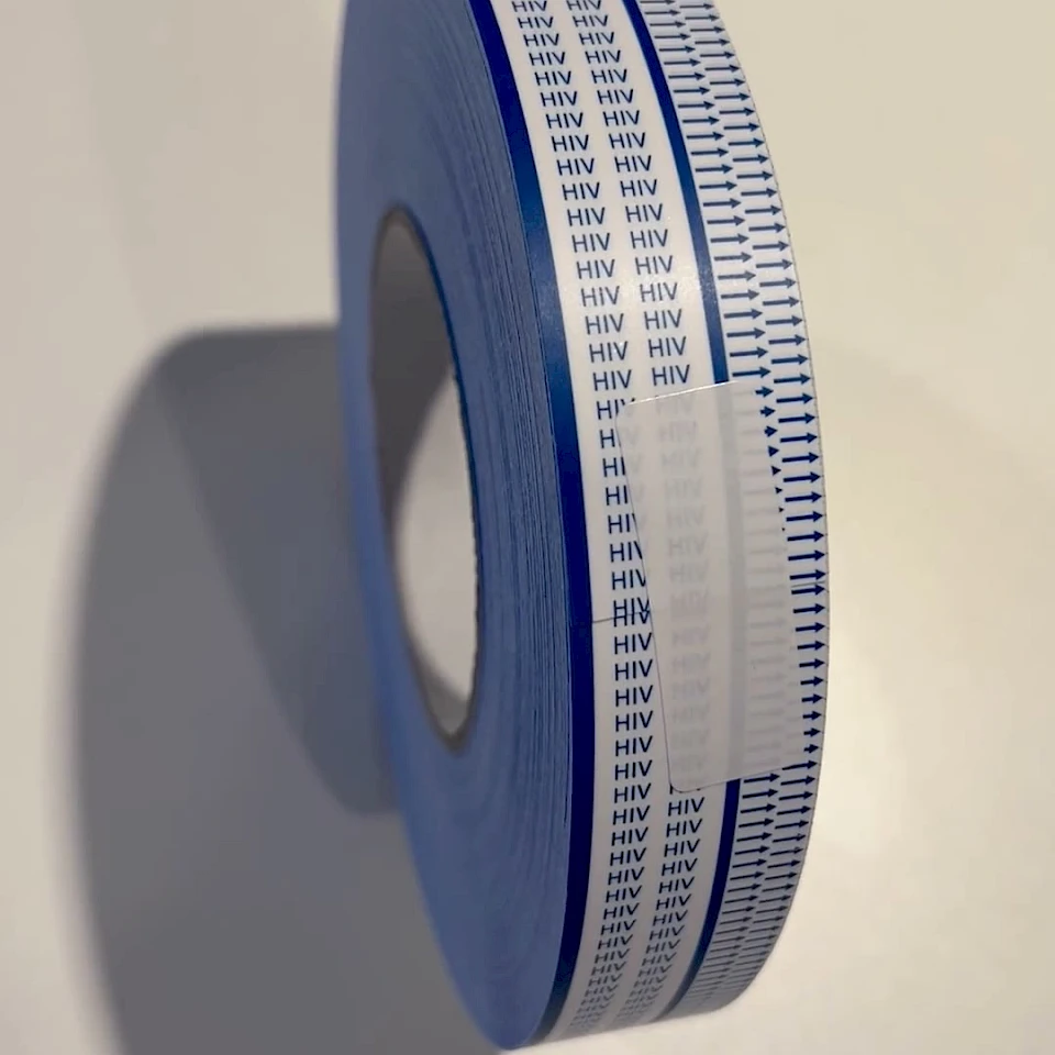 Blue edged hiv printed tape roll on white