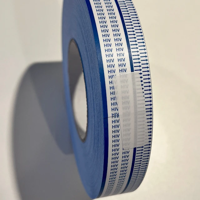 Blue edged hiv printed tape roll on white