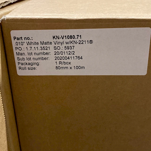 Carton part label white matte vinyl