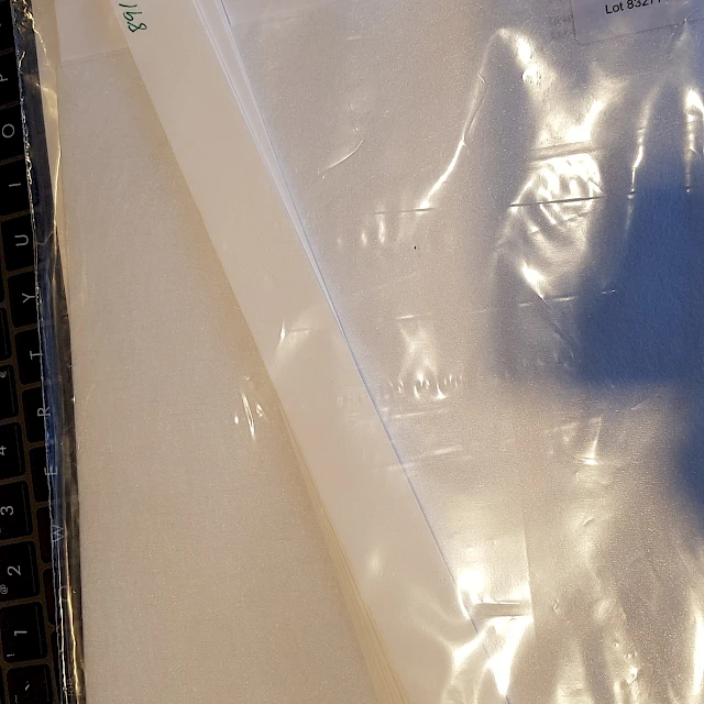 Cellulose sheets in bag with ahlstrom and kenosha labels