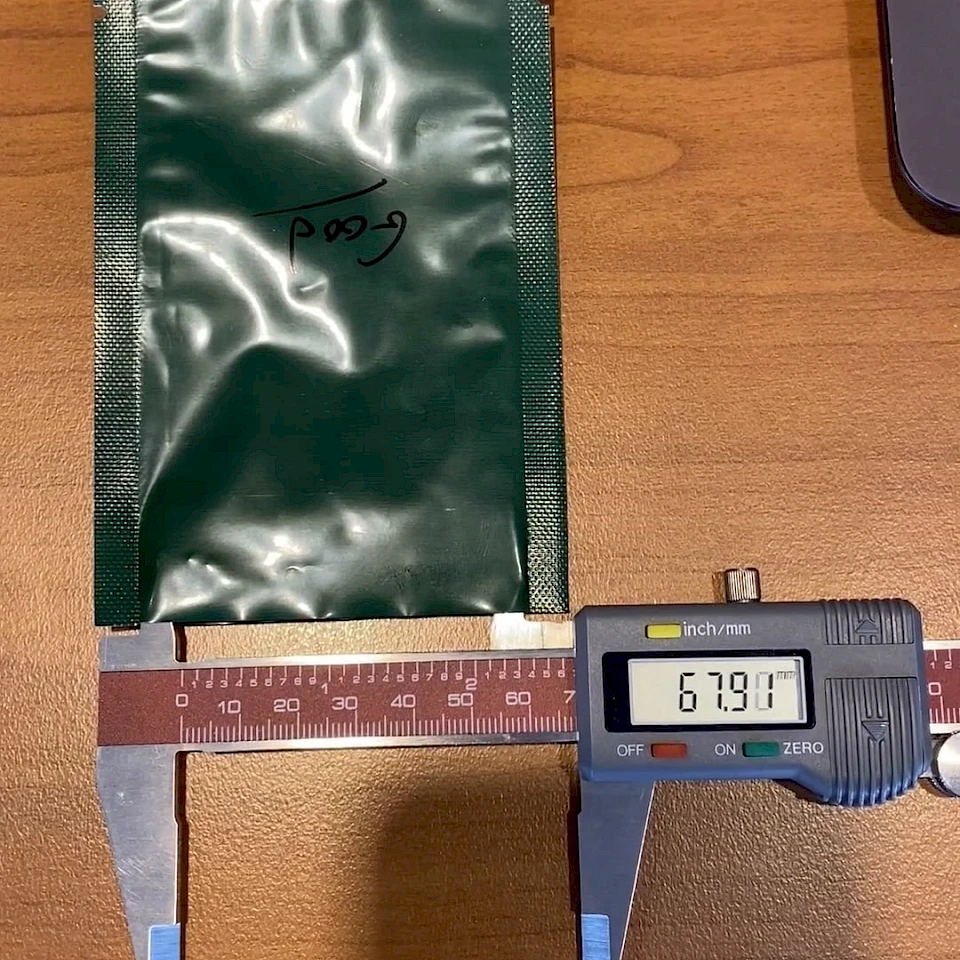 Green pouch marked good caliper measurement