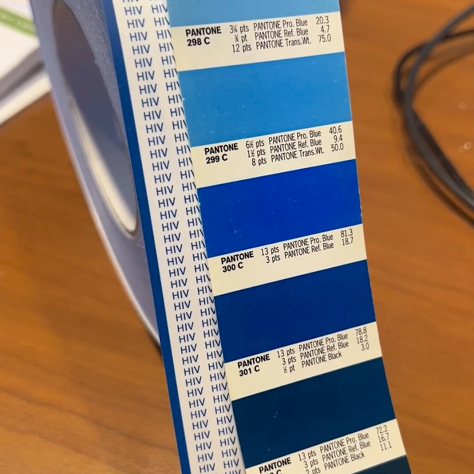 Hiv printed tape with pantone blue swatches