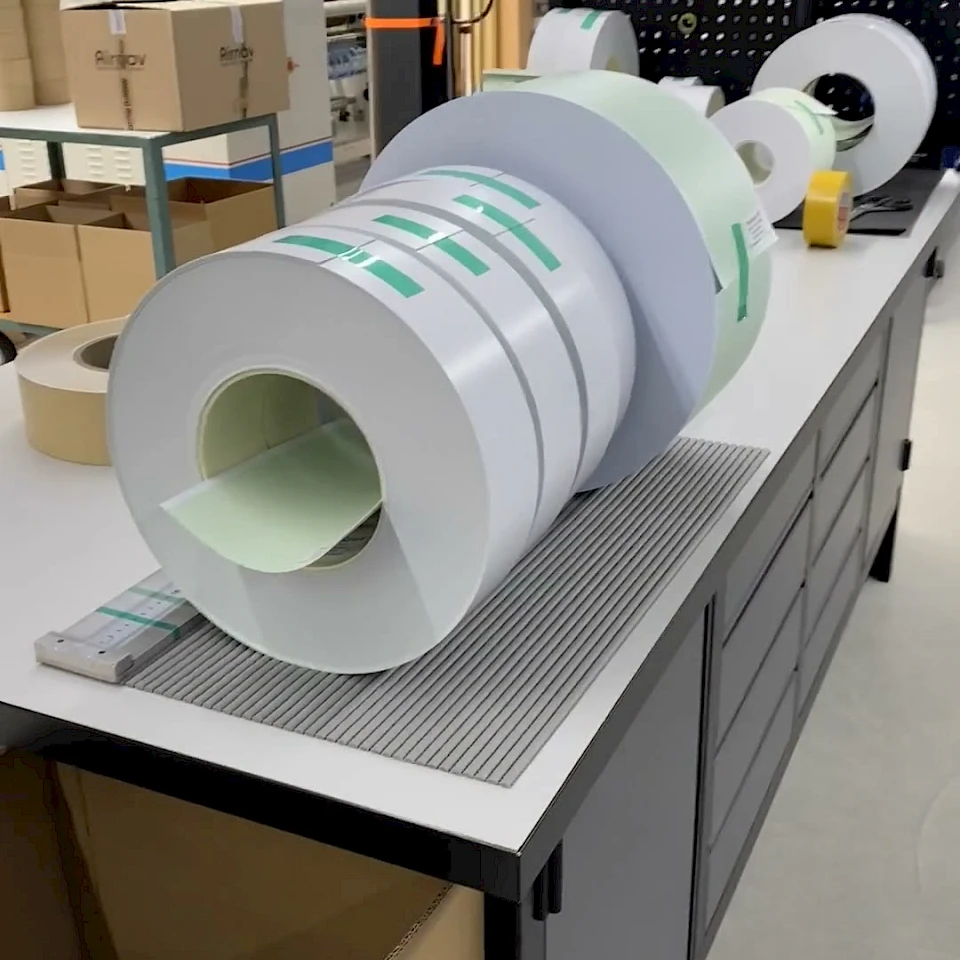 Printed rolls lined up on workbench in hall