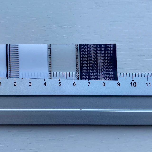 Printed scale tape sample beside steel ruler