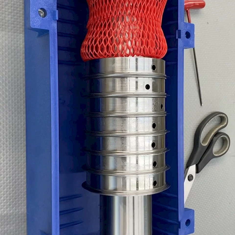 Rotary die cylinder in blue storage case