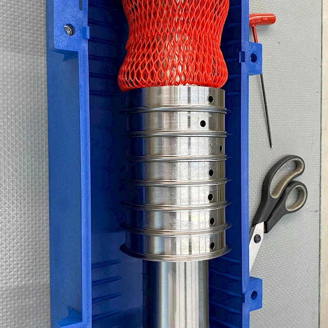 Rotary die cylinder in blue storage case