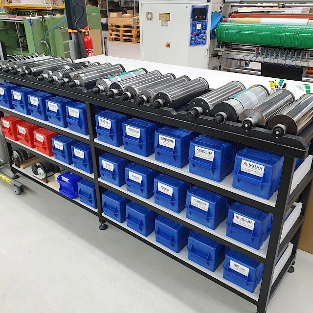 Rotary die storage cart with bins