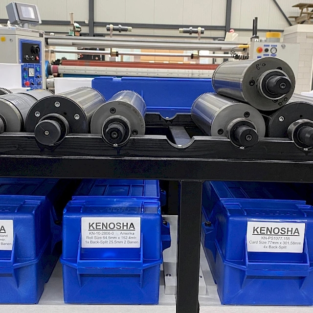 Rotary dies on rack over kenosha bins