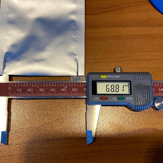 Silver foil pouch measured with caliper