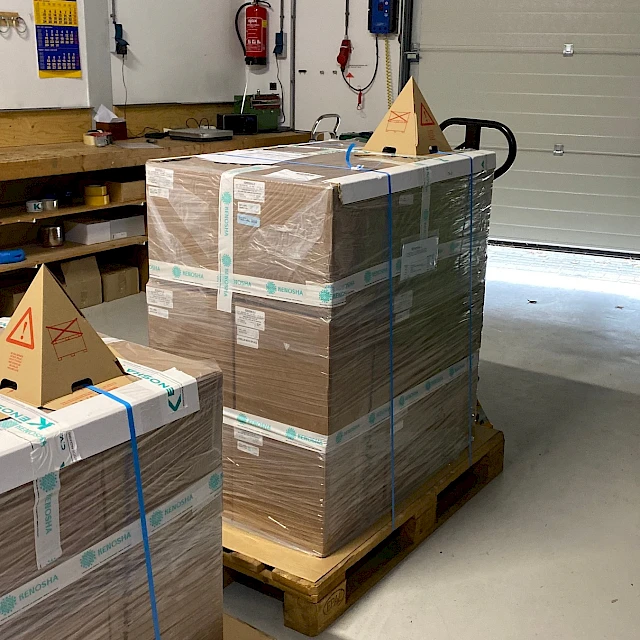 Strapped pallets in dispatch area