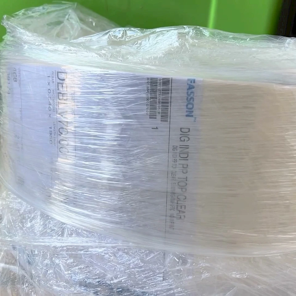Stretch wrapped clear film roll on pallet