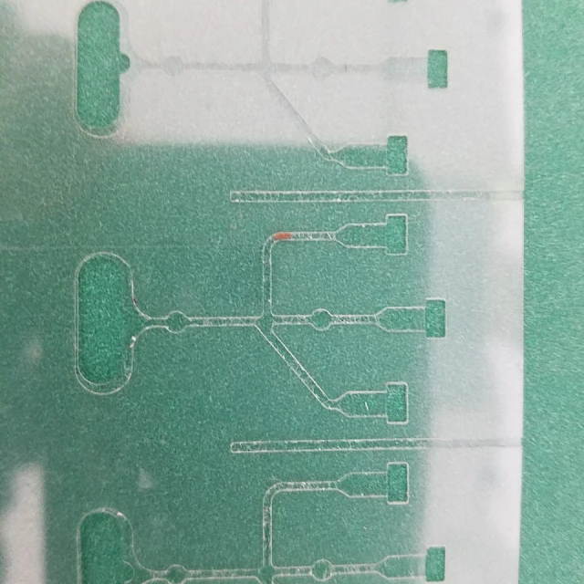 Transparent microfluidic channel die cut on green mat