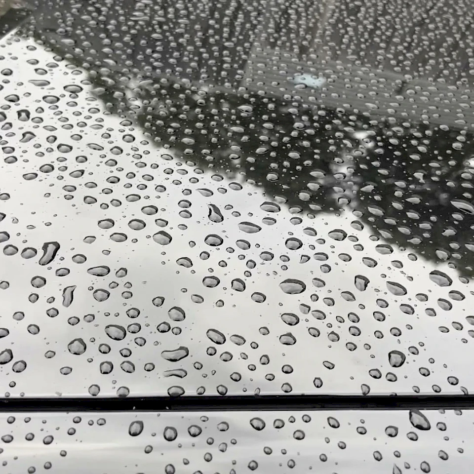 Water droplets on black car bonnet