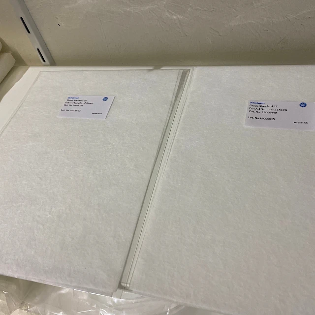Whatman glass fiber sheet packs on shelf