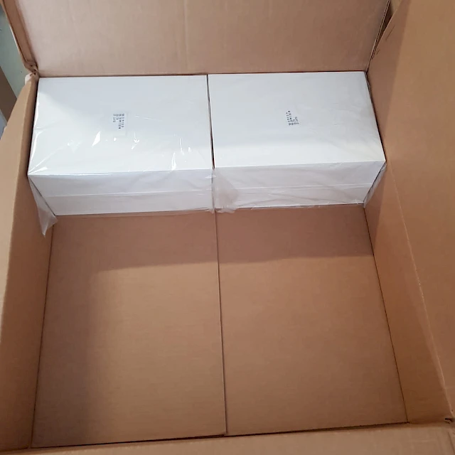 White boxes in large open cardboard carton