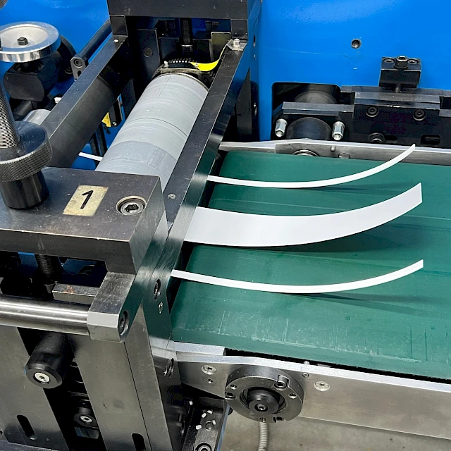 White strips exiting cutter onto green conveyor