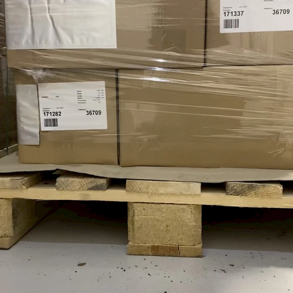 Wrapped labelled cartons on euro pallet