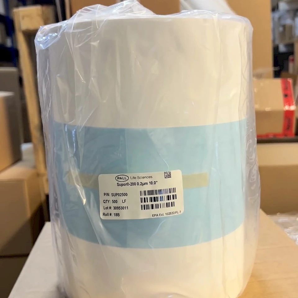 Wrapped membrane roll on carton in warehouse